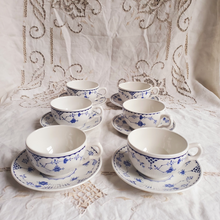 Load image into Gallery viewer, Set of six Mason&#39;s Denmark Made in England tea cups and saucers blue white
