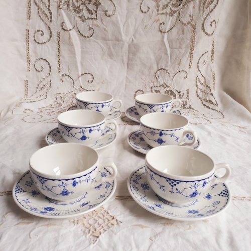 Set of six Mason's Denmark Made in England tea cups and saucers blue white