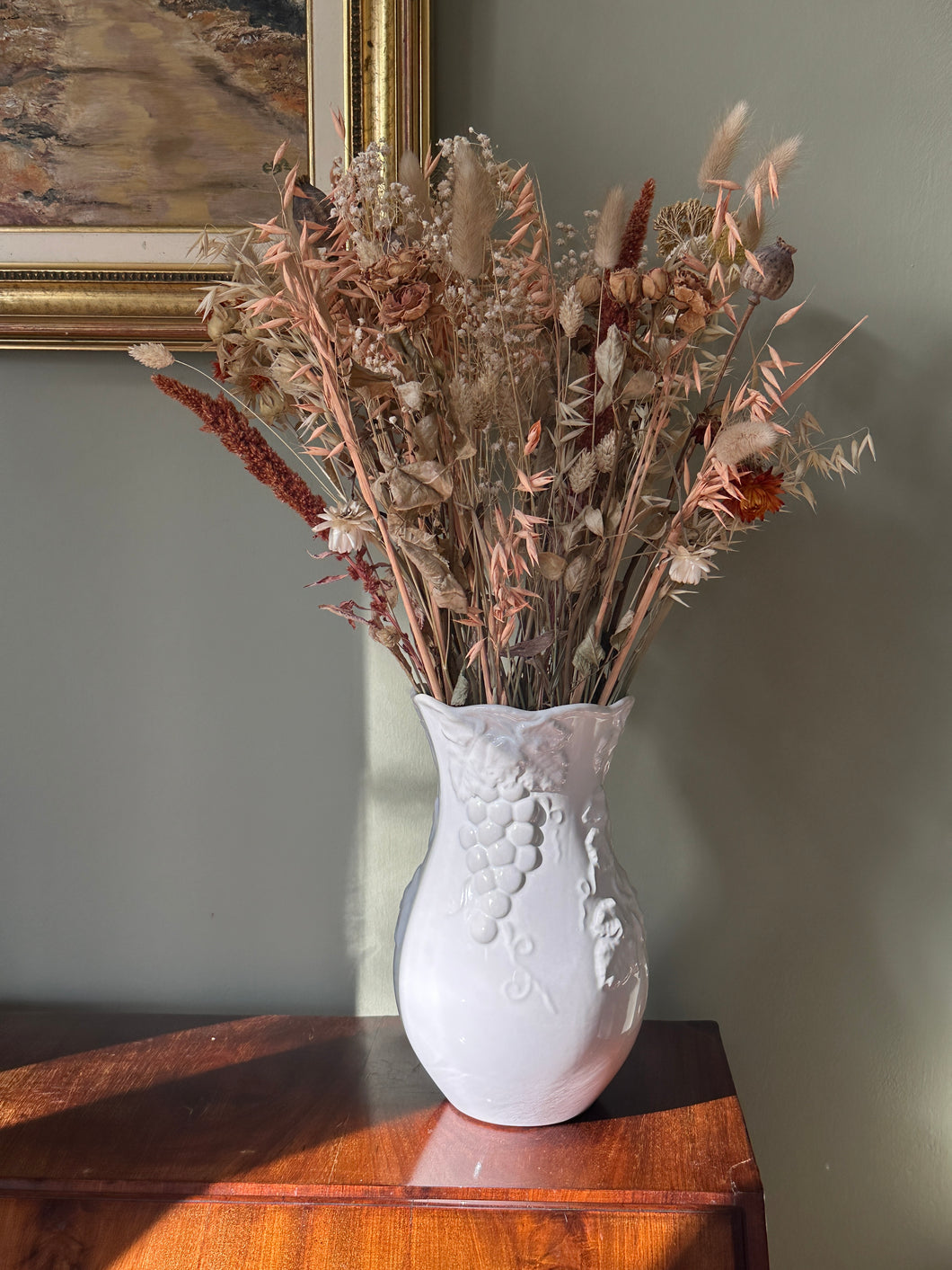 Vintage White Italian Ceramic Vase with Grape Detailing
