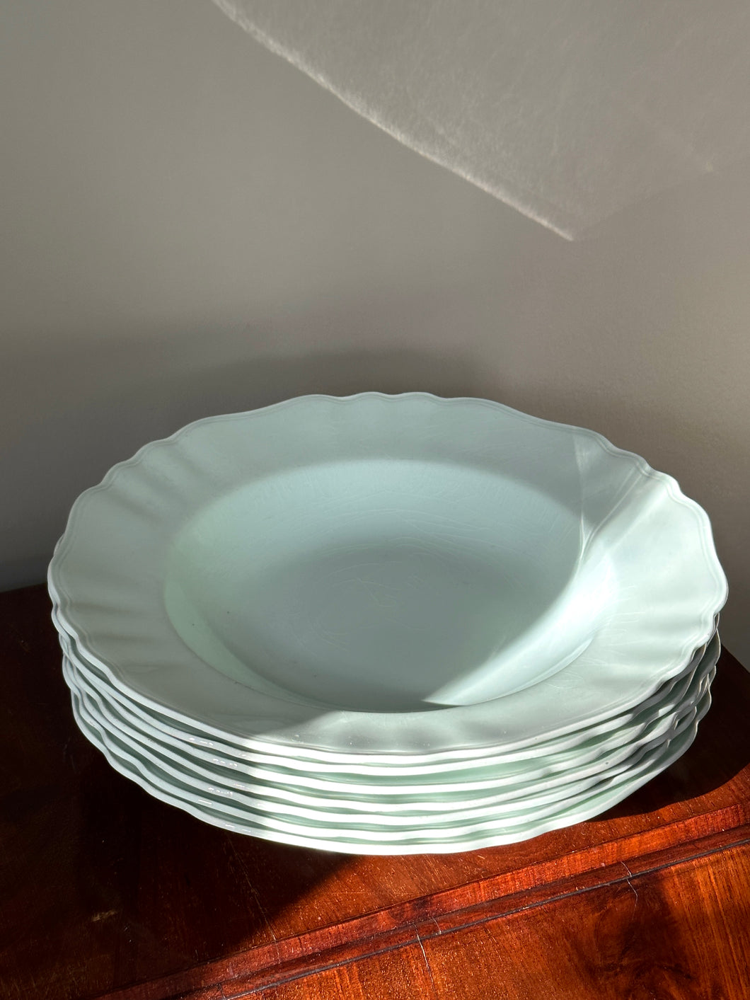 Set of Seven Pastel Green Scalloped Bowls