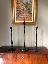 Load image into Gallery viewer, Set of Three Bobbin Black Metal Candlestick Holders
