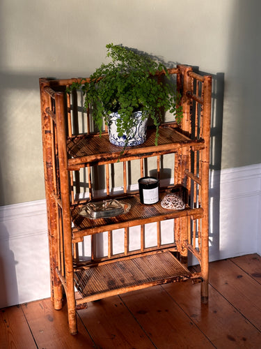 Bohemian Mid-Century Modern Handcrafted Bamboo & Cane 3-Tier Folding Shelves