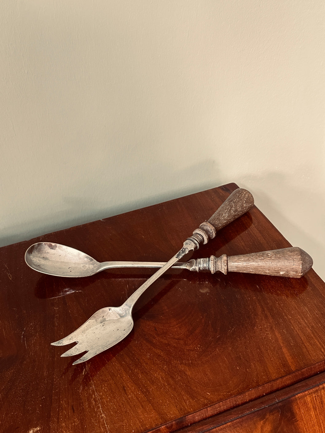 Pair of Antique Silver and Wooden Salad Servers